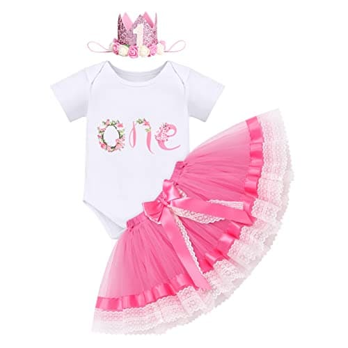 ODASDO Baby Girl's First Birthday Outfit with Flower Print Romper & Tutu Skirt Set