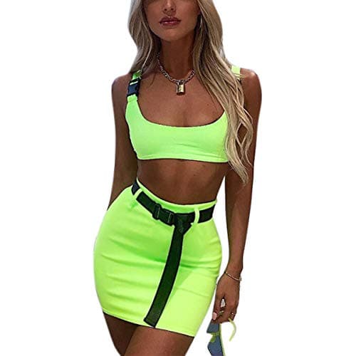 AIBEARTY Women's Sexy Buckle Tank & Mini Skirt Rave Outfit
