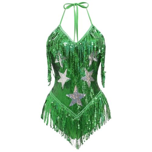FYMNSI Women's Rave Bodysuit: Sleeveless Sequin Tassel Leotard for Nightclub and Halloween