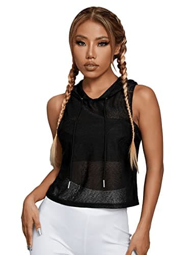 Sleeveless Drawstring Hoodie Mesh Crop Tank Top