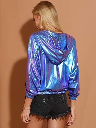 Holographic Shimmer Zipper Hooded Metallic Jacket for Women