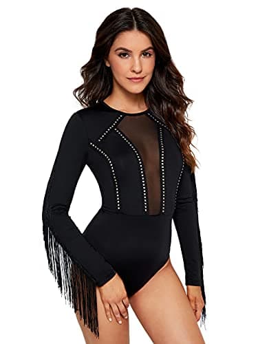 SweatyRocks Women's Sheer Mesh Cowgirl Bodysuit with Fringe Long Sleeves