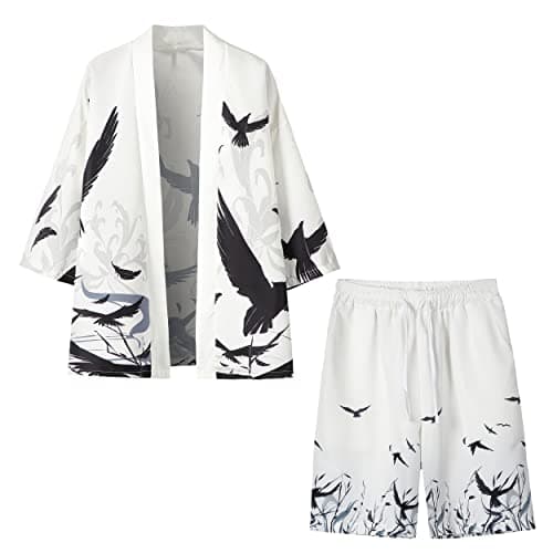 PRIJOUHE Mens Loose Fit Japanese Kimono Coat Jacket with Shorts