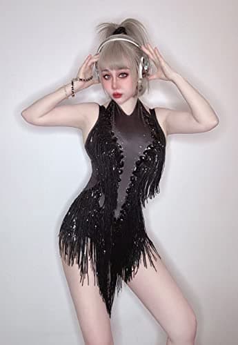 HoHoHuo Sparkly White Dance Rhinestone Bodysuit for Women Performance Outfit