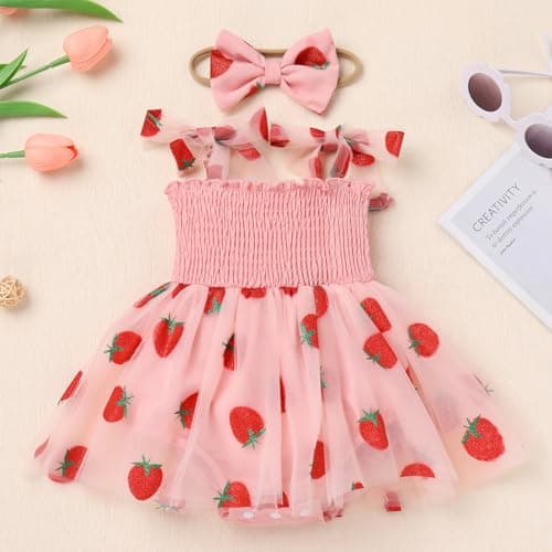 IMEKIS Boho Strawberry Romper Tulle Dress with Headband for Baby Girl Summertime Fotos