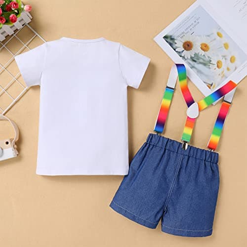 Toddler Boys Birthday Outfit with Melon Print: Romper Top, Jeans Shorts, and Suspenders