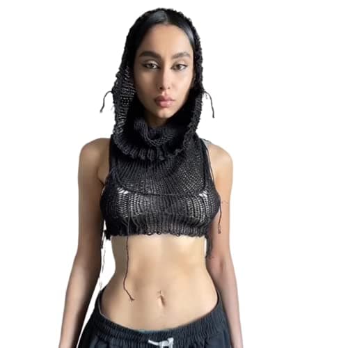 Women Knitted Sleeveless Hoodie Crop Top Streetwear Rave Outfit