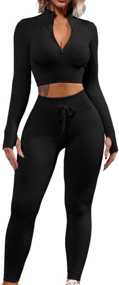 Workout Sets for Women 2 Piece Seamless Long Sleeve Crop Tops Ribbed High Waist Leggings