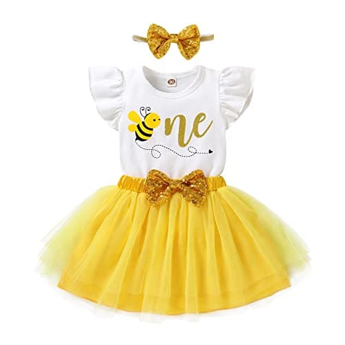 HAPPYMA Bee Sunflower Romper Tulle Tutu 1st Birthday Outfit