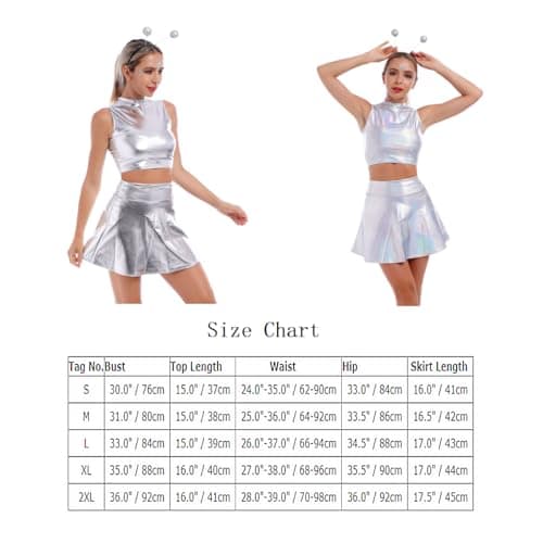 Alien Costume Metallic Crop Top + Holographic Mini Skirt + Headband - Halloween Rave Outfit