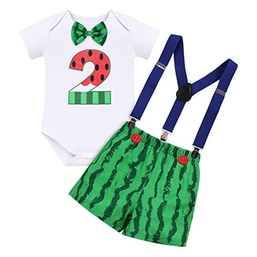 IMEKIS Baby Boys 1st & 2nd Birthday Cake Smash Outfit Romper Shorts Suspenders 1-2T