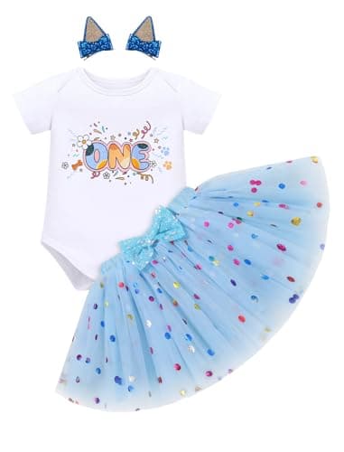 IMEKIS Baby Girl Half 1st 2nd Birthday Outfit Romper Confetti Tutu Skirt Dog Ears Hair Clips for Cake Smash Photo Shoot