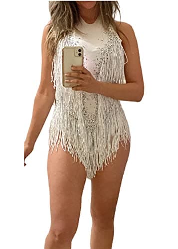 White Sparkle Rhinestone Bodysuit for Women Drag Queen Outfit - Dance Costume