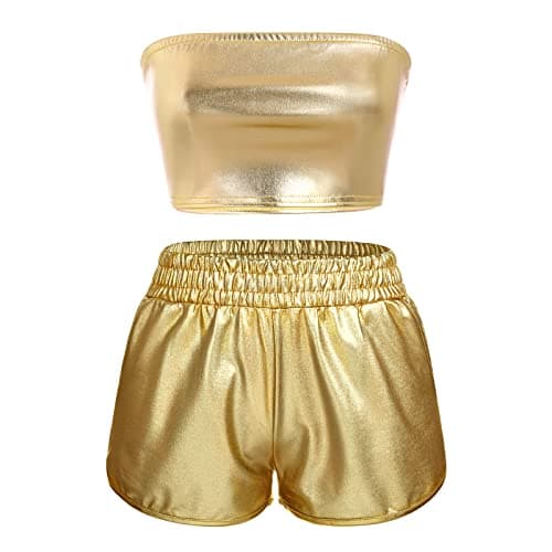 Metallic Rave Outfit for Women: Shiny Crop Top and Shorts for Music Festivals, Halloween Cosplay and Dance Clubwear