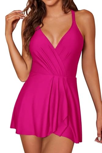 SHEKINI Women's V-Neck Crisscross Tummy-Control Swim Dress