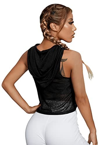 Sleeveless Drawstring Hoodie Mesh Crop Tank Top