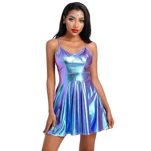 IMEKIS Women's Metallic Holographic Alien Cowgirl Disco Dress