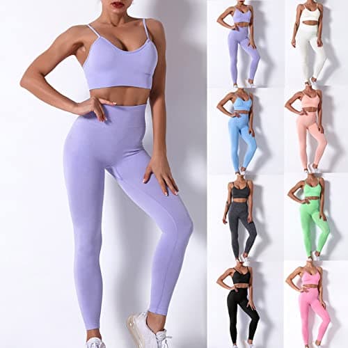 Fartey High-Waist Seamless Leggings Matching Backless Strappy Sports Bras Yoga Running Set