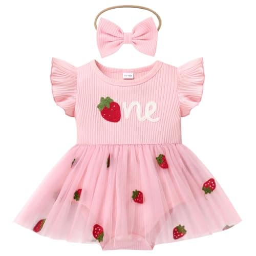 IMEKIS Baby Girls 1st Birthday Strawberry Butterfly Romper Dress for Cake Smash Photos