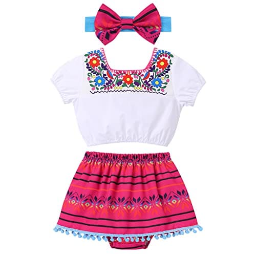 IMEKIS Toddler Girls Mexican Floral Outfit + Top + Skirt + Headband Halloween Costume