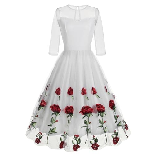 IMEKIS Women's Vintage Rose Embroidered Floral Swing Cocktail Dress
