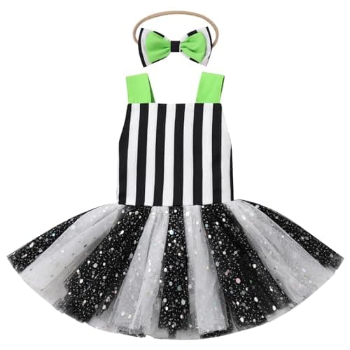 Baby Girls Black and White Striped Tutu Dress Halloween Costume with Headband