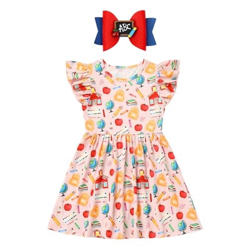 IMEKIS Girls' Back to School Pencil Print Dress with Hair Bow 4-7T