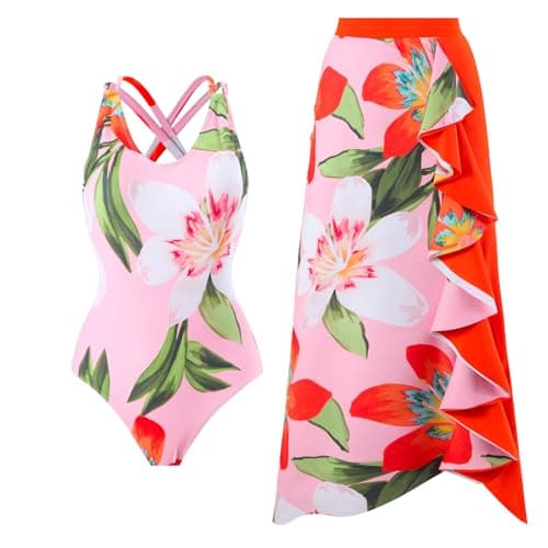 Women's Tropical Floral Print One Piece Swimsuit with Cover up Wrap Skirt