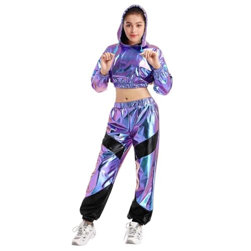 Women's Metallic Shiny Crop Top Hoodie and Long Pants Outfit for Rave Outfits and Disco Dance Clubwear