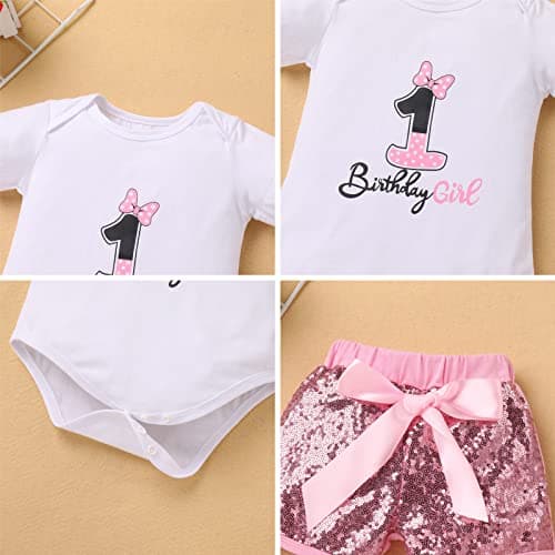 IMEKIS Baby Girl 1st Birthday Outfit & Romper with Sequin Shorts & Headband