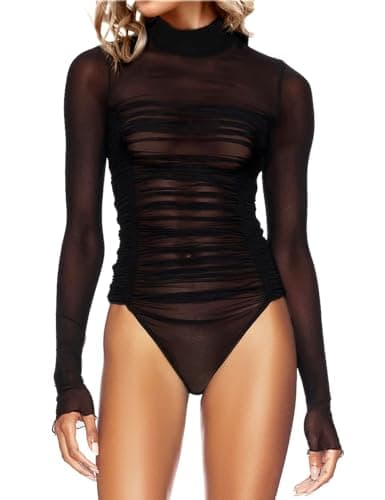 Sexy Rhinestone Studded Sheer Mesh Bodysuit for Women