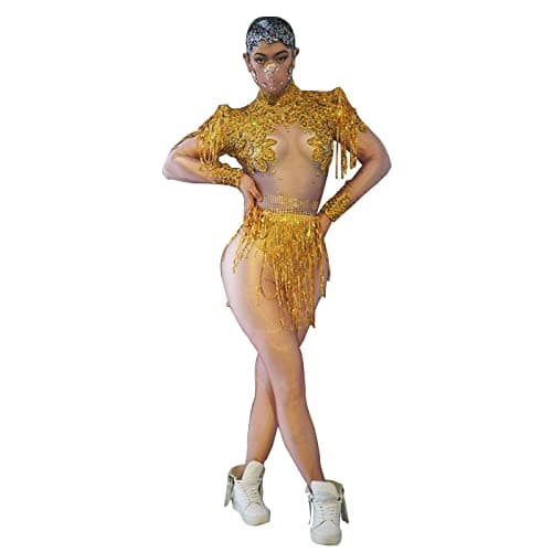 Youmeisha Shiny Sequins Bodysuit & Fringe Rhinestone Dancing Outfit