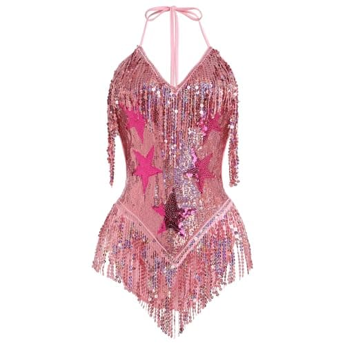 FYMNSI Women's Rave Bodysuit: Sleeveless Sequin Tassel Leotard for Nightclub and Halloween