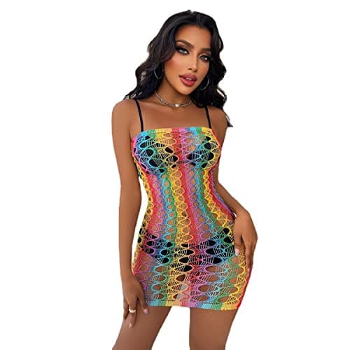 Rainbow Rave Outfit Fishnet Dress - Women's Music Festival Costume