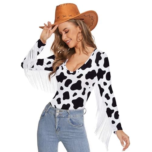 Trendy Women's Fringe V-Neck Long Sleeve Bodysuit for Concerts and Disco