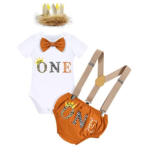 IMEKIS Baby Boys 1st Birthday Jungle Safari Romper Suspenders Shorts Hat Set