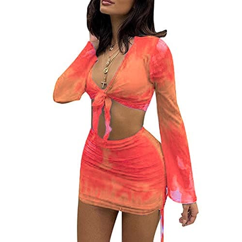 SHESEEWORLD Women's Sexy Long Sleeve Ruched Crop Top & Sheer Mini Skirt Sets