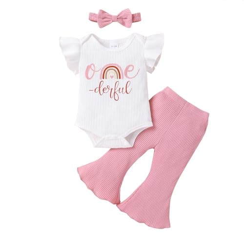 YOUNGER TREE Baby Girl 1st Birthday Outfit: Romper & Flared Pants