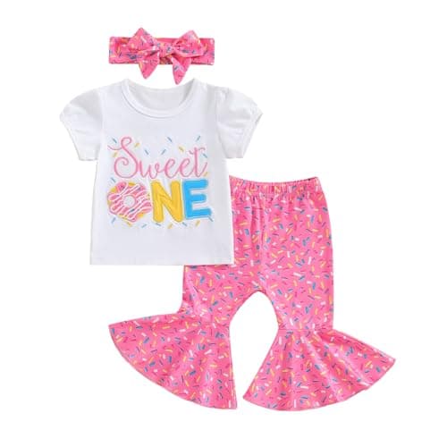 3Pcs Baby Girl Birthday Outfit Sweet One Two Short Sleeve T-Shirt Tops Bell Bottom Pants Set
