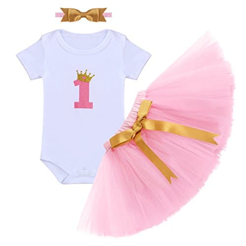 OwlFay Baby Girl 1st Birthday Crown Romper & Skirt + Bow Headband Party Dress Set
