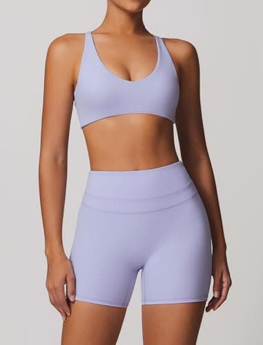 ABOCIW Women's V-Neck Twist Back Sports Bra & High Waist Biker Shorts Yoga Set