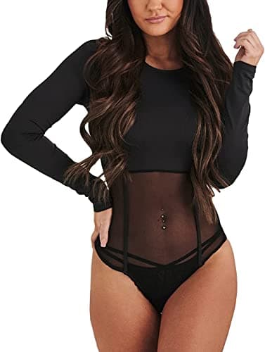 Sheer Mesh Long Sleeve Bodysuit for Women