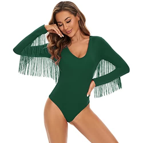 Zando Women's Fringe V-Neck Long Sleeve Bodysuit