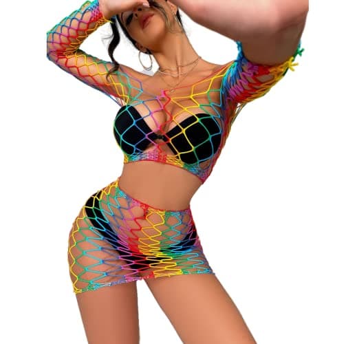 ZGMYC Women Rave Mesh Bikini Cover Ups & Mini Skirt Outfit