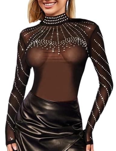 Sexy Rhinestone Studded Sheer Mesh Bodysuit for Women