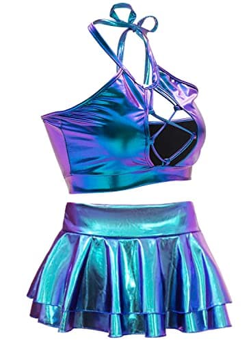 SFBBCLOZ Women's Festival Holographic Rave Outfit 2pcs Tops & Skirt