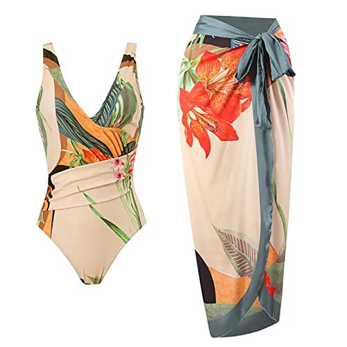 IMEKIS Women’s Floral Print Bikini Set with Wrap Skirt