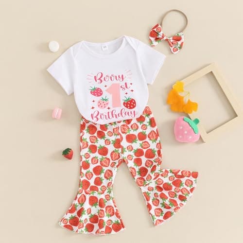Strawberry Bell Bottoms Romper for 1st Birthday Girl