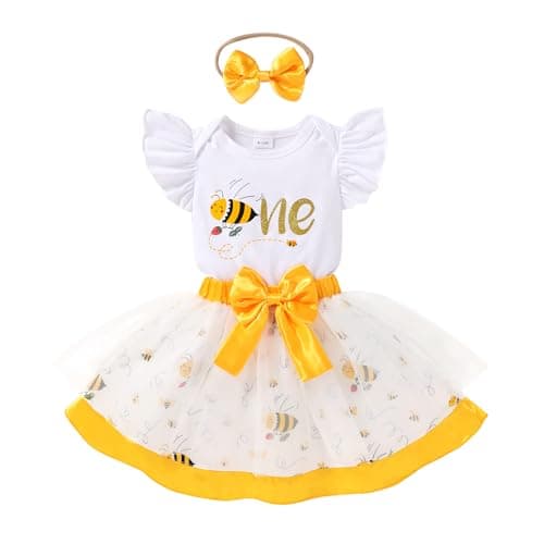 HAPPYMA Bee Sunflower Romper Tulle Tutu 1st Birthday Outfit