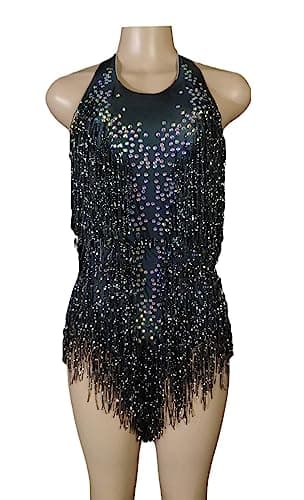 HEYDHSDC Sparkly Crystals Fringe Bodysuit Dance Costume